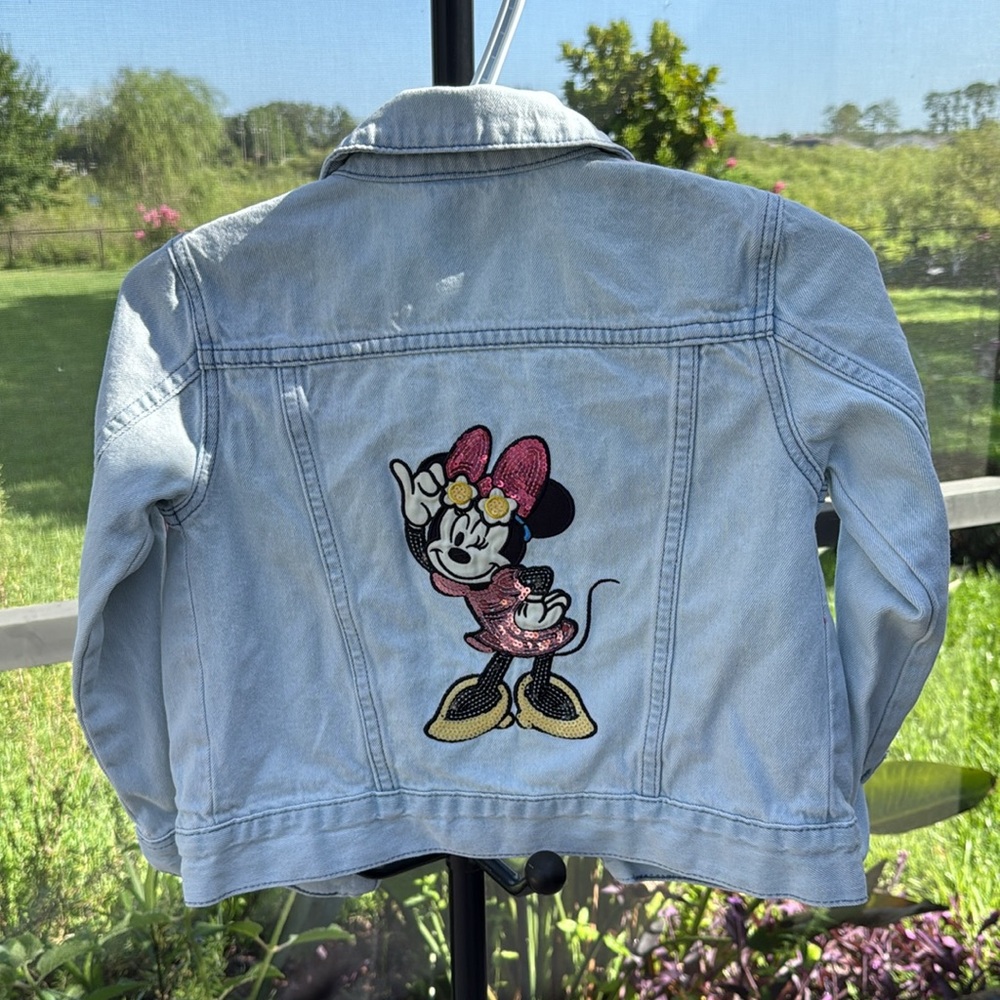 Disney Parks sequin Minnie Mouse Girls distressed denim Jean Jacket 5/6